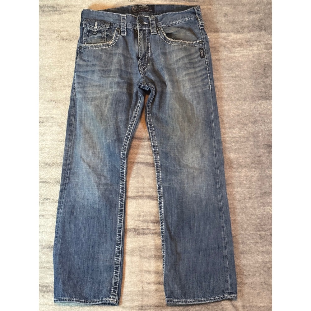 Silver Jeans Co Zac Flap Relaxed Straight Leg Medium Wash Contrast Stitch Jeans